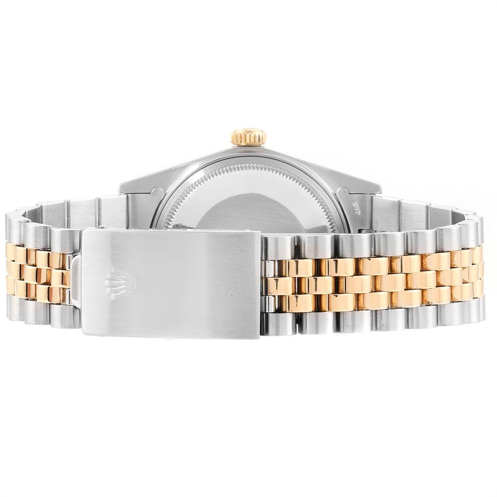 The image shows the back view of a Rolex Vintage Collection 16013 Men's Stainless Steel White Dial 16013 Men's Stainless Steel White Dial model, highlighting the caseback and two-tone bracelet with clasp.