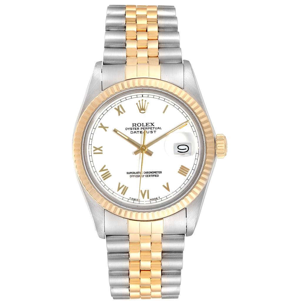This image shows a front view of a Rolex Vintage Collection 16013 Men's Stainless Steel White Dial 16013 Men's Stainless Steel White Dial Datejust watch, highlighting the dial, bezel, and two-tone bracelet.
