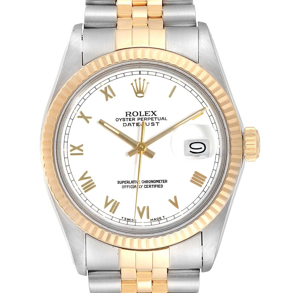 The image shows a front view of a Rolex Vintage Collection 16013 Men's Stainless Steel White Dial 16013 Men's Stainless Steel White Dial Datejust watch with a two-tone bracelet and gold Roman numerals.