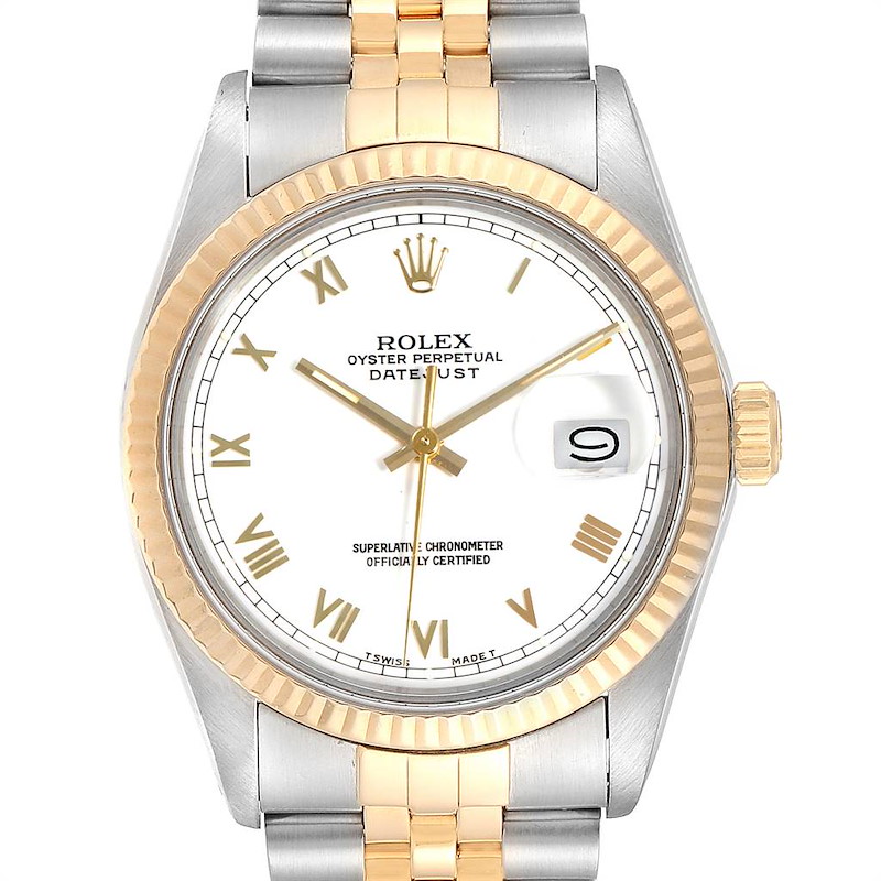 Rolex Datejust Steel Yellow Gold White Dial Vintage Mens Watch 16013 SwissWatchExpo
