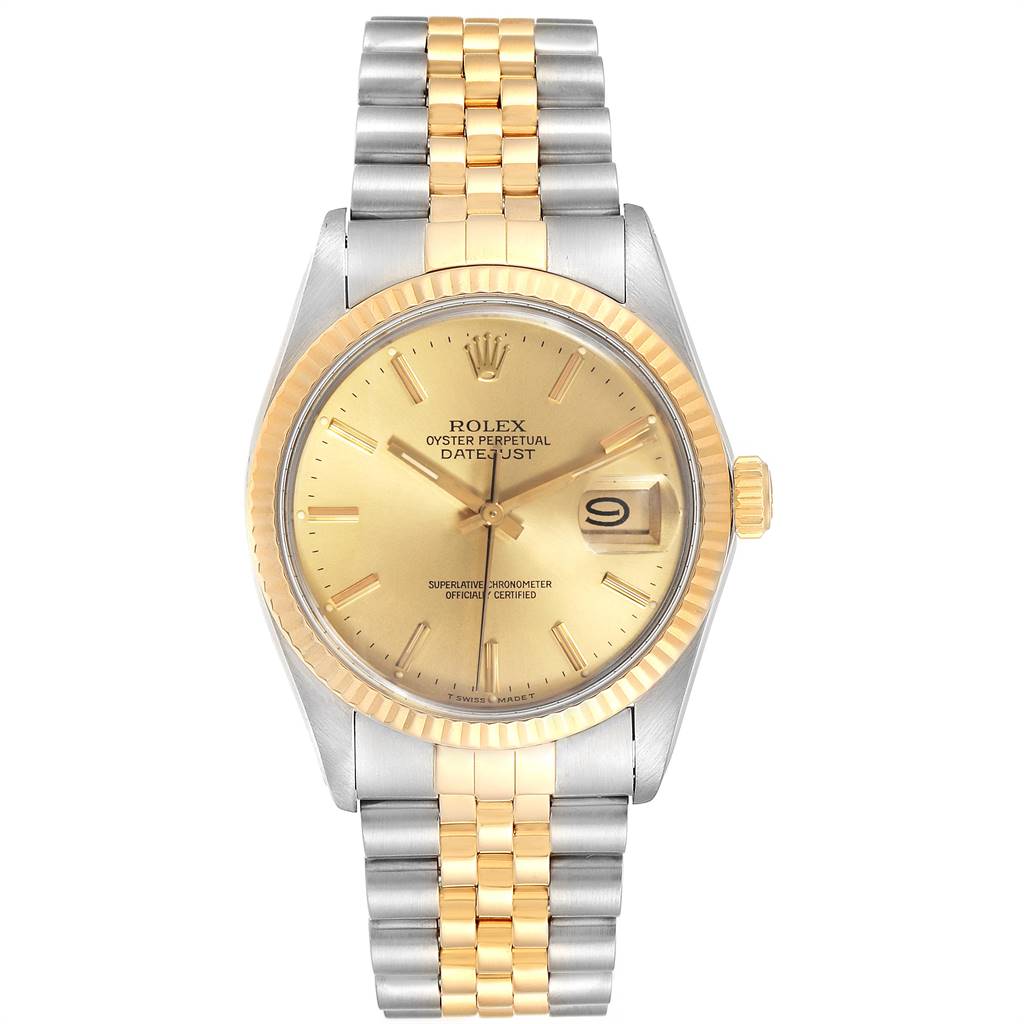 The image shows a front view of a Vintage Collection Rolex Datejust, displaying the dial, bezel, and the two-tone bracelet.