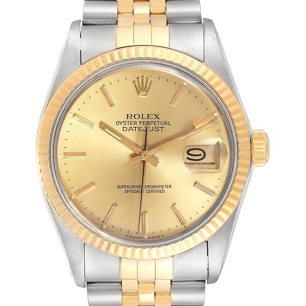 The Rolex Vintage Collection 16013 Men's Stainless Steel Champagne Dial 16013 Men's Stainless Steel Champagne Dial model is shown from the front, displaying its gold dial, date window, and two-tone metal bracelet.