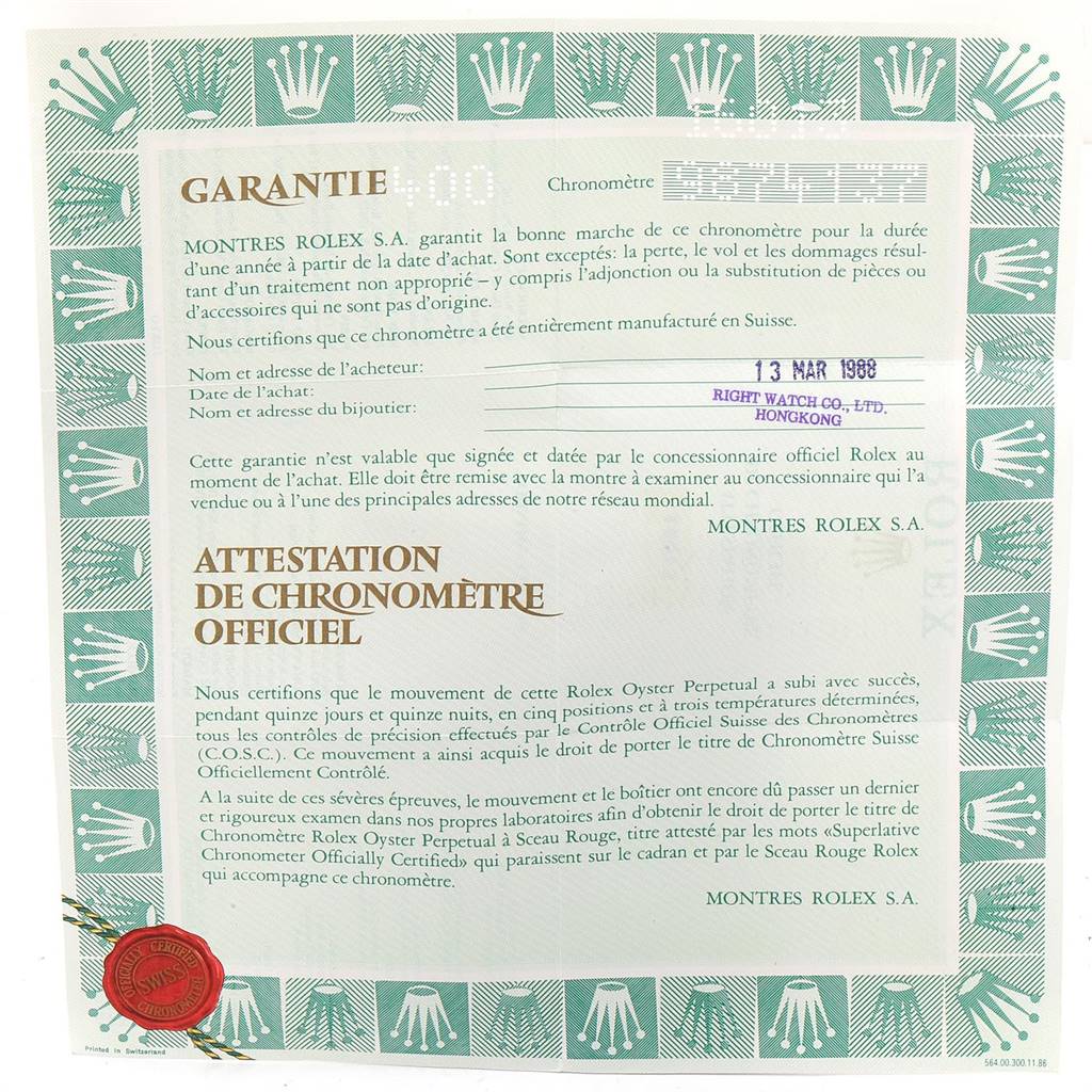 The image shows the warranty and chronometer certificate for a Rolex Vintage Collection 16013 Men's Stainless Steel Champagne Dial 16013 Men's Stainless Steel Champagne Dial watch, dated March 13, 1988.