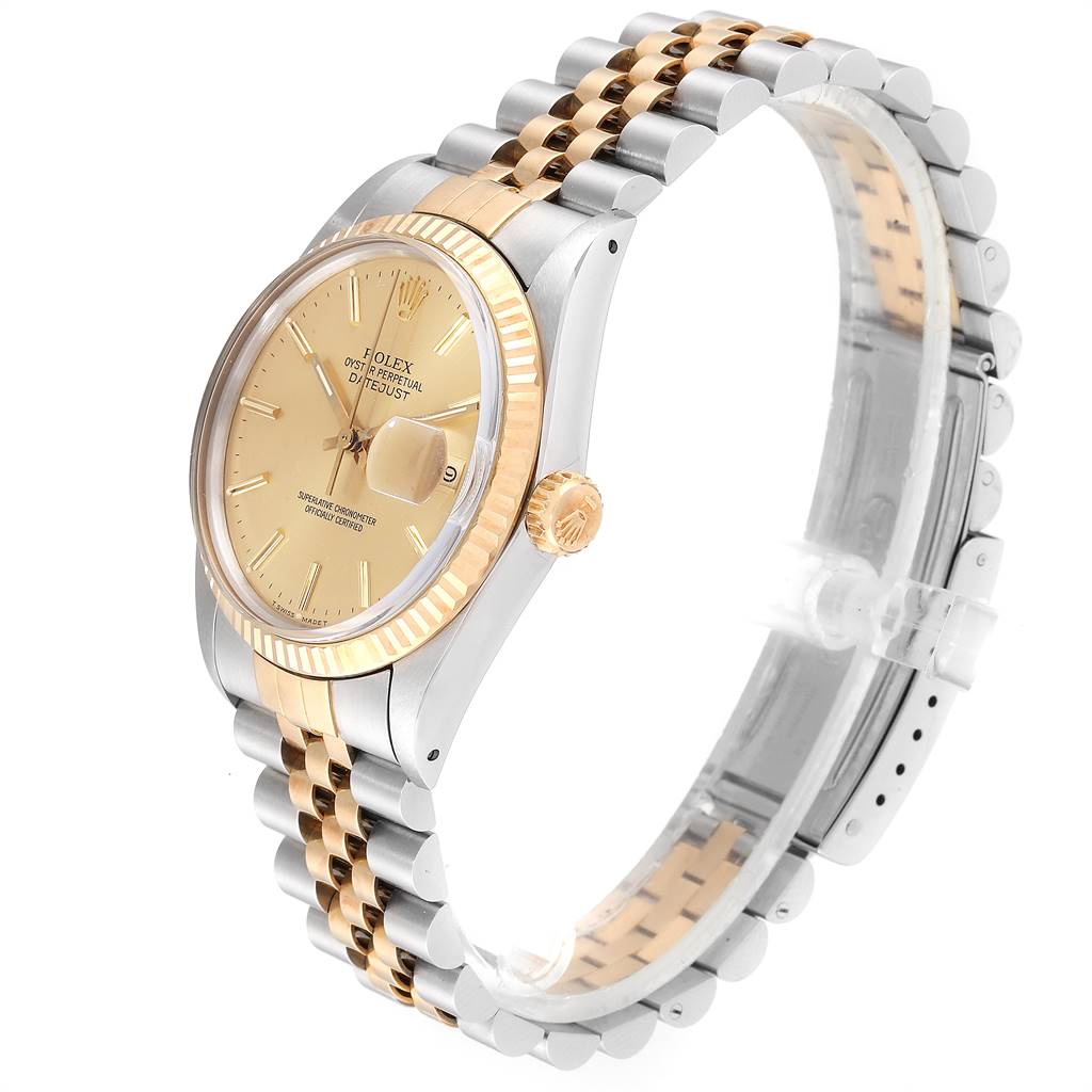 The Rolex Vintage Collection 16013 Men's Stainless Steel Champagne Dial 16013 Men's Stainless Steel Champagne Dial model is shown from a side angle, highlighting its two-tone bracelet, crown, dial, and bezel.