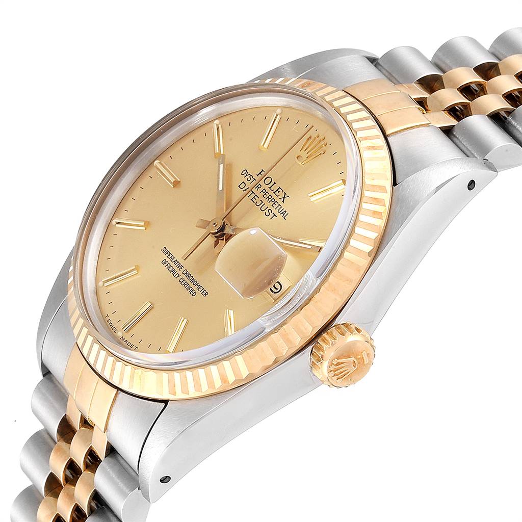 The Rolex Vintage Collection 16013 Men's Stainless Steel Champagne Dial 16013 Men's Stainless Steel Champagne Dial watch is shown at an angled side view, displaying the dial, bezel, crown, and portion of the bracelet.