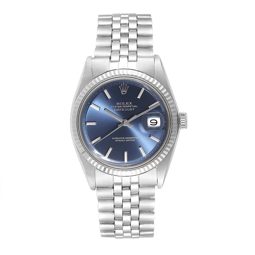 This image shows a straight-on view of the Rolex Vintage Collection 1601 Men's Stainless Steel Blue Dial 1601 Men's Stainless Steel Blue Dial watch, highlighting the face, bracelet, and date display.