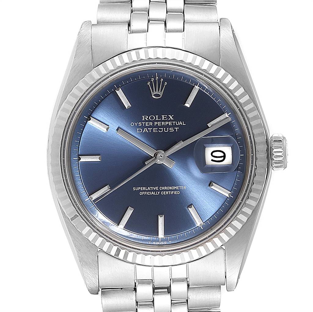The Rolex Vintage Collection 1601 Men's Stainless Steel Blue Dial 1601 Men's Stainless Steel Blue Dial Datejust watch is shown from the front, displaying its blue dial, date window, and stainless steel bracelet.