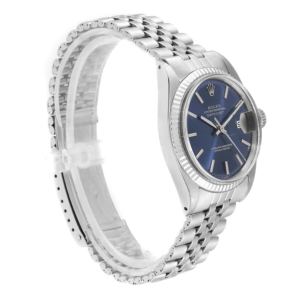 The Rolex Vintage Collection 1601 Men's Stainless Steel Blue Dial 1601 Men's Stainless Steel Blue Dial model is shown at a three-quarter angle, highlighting its dial, bezel, and bracelet.