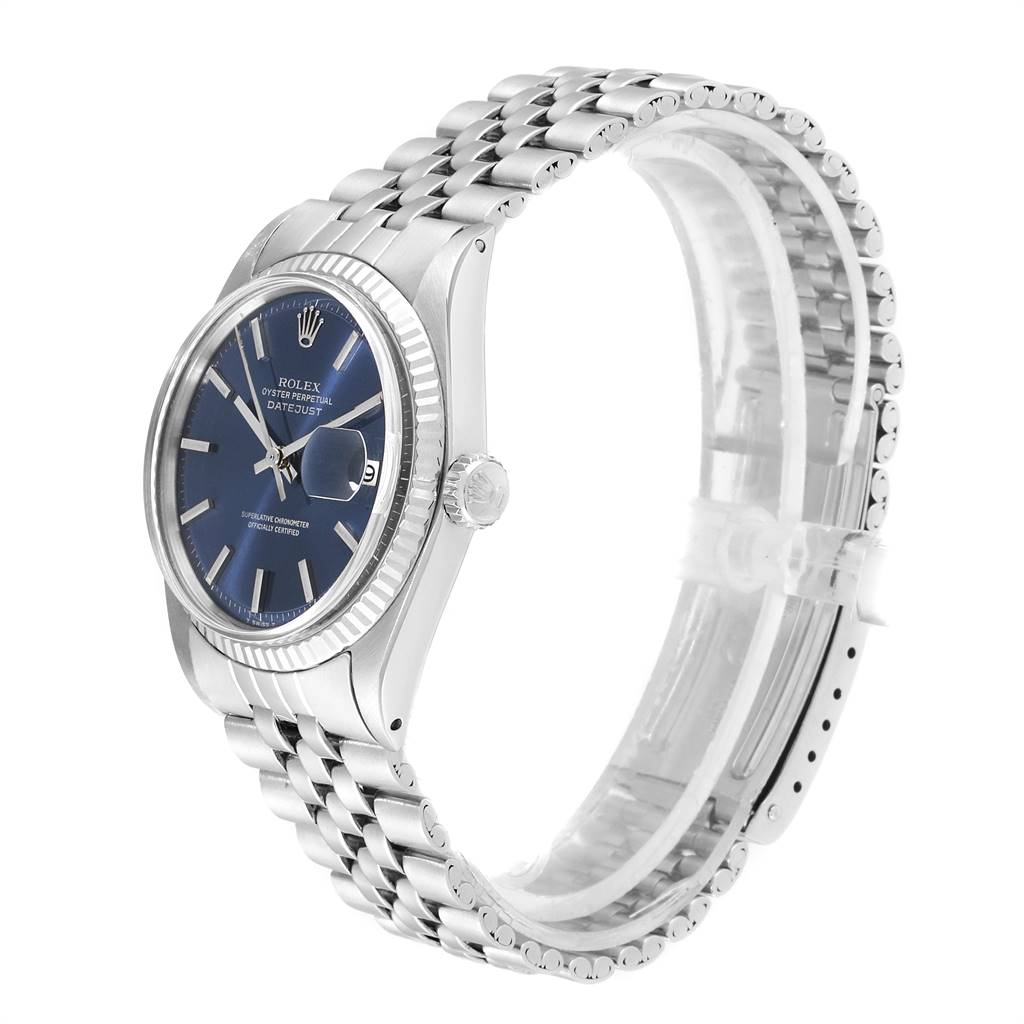 The Rolex Vintage Collection 1601 Men's Stainless Steel Blue Dial 1601 Men's Stainless Steel Blue Dial watch is shown at an oblique angle, displaying the face, bezel, and bracelet clearly.