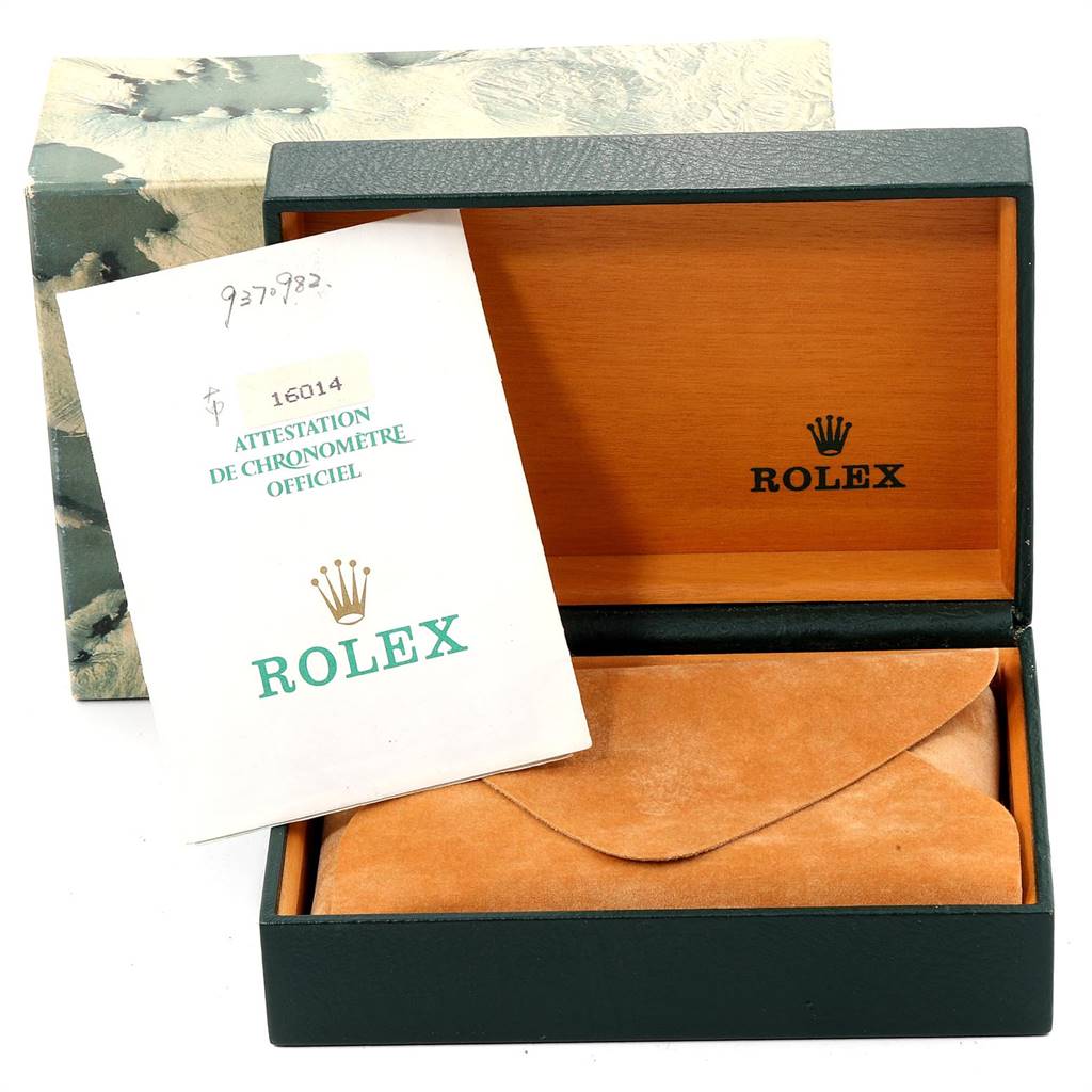 The image shows an open Rolex Vintage Collection 16014 Men
s Stainless Steel Silver Dial 16014 Men
s Stainless Steel Silver Dial watch box with a certificate and a pouch inside, viewed from the front.