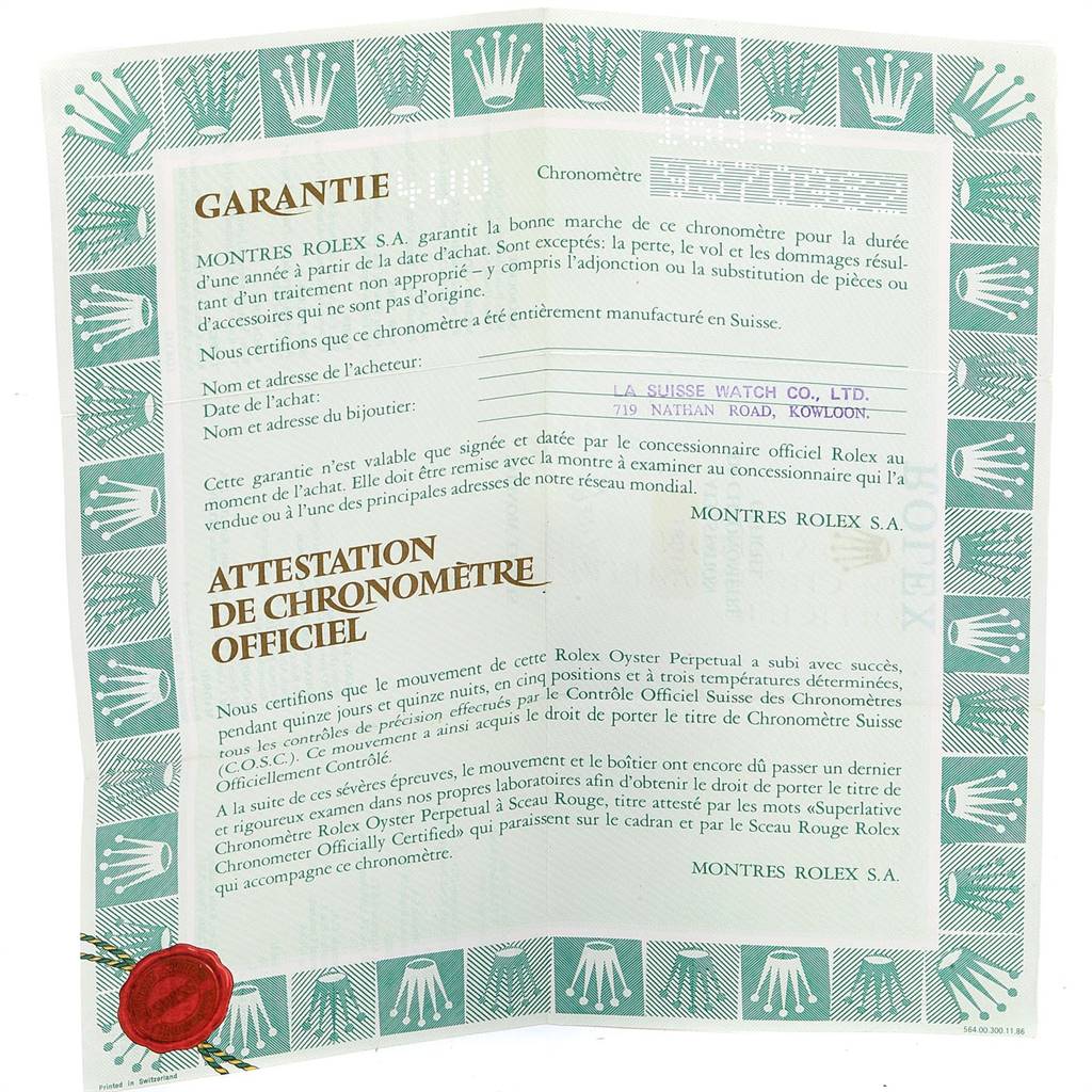 The image shows a guarantee and official chronometer certification for a Rolex Vintage Collection 16014 Men
s Stainless Steel Silver Dial 16014 Men
s Stainless Steel Silver Dial model.