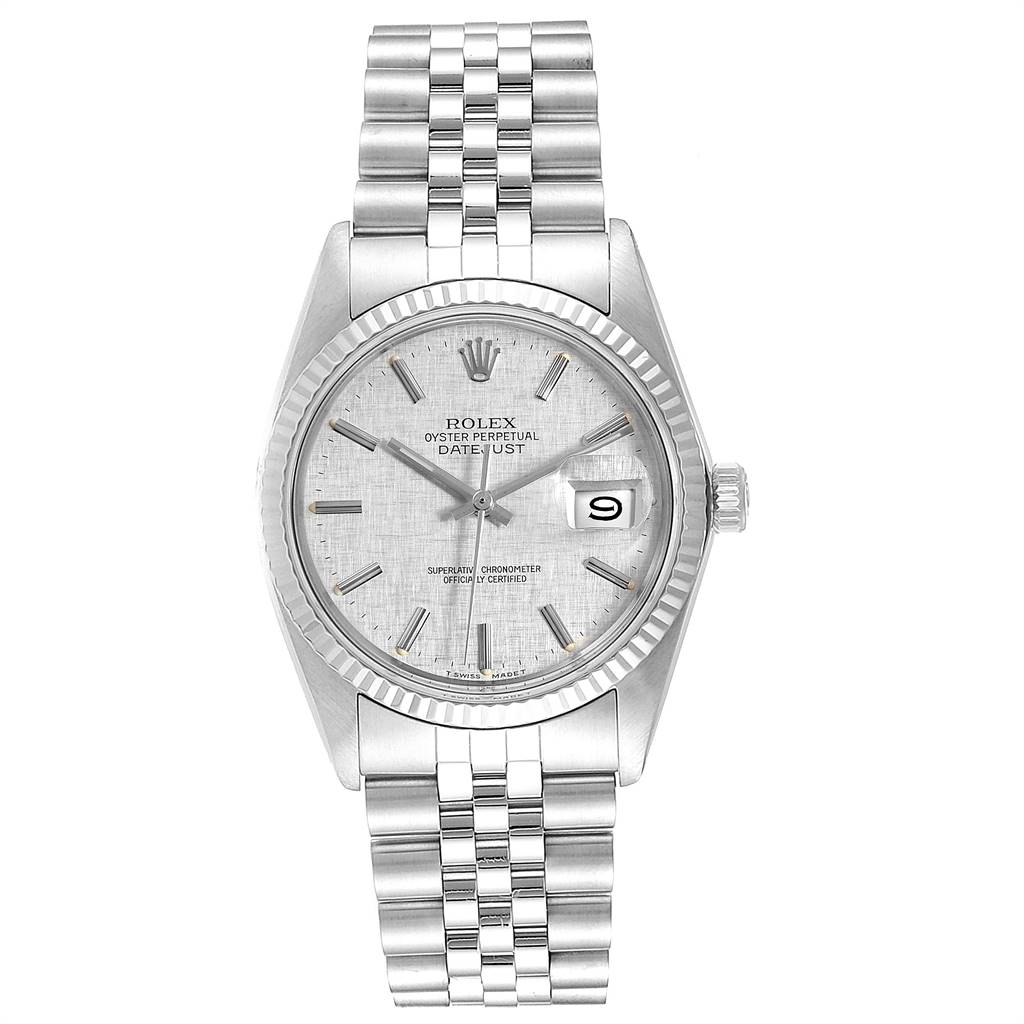 This is a front view of the Rolex Vintage Collection 16014 Men
s Stainless Steel Silver Dial 16014 Men
s Stainless Steel Silver Dial Oyster Perpetual Datejust, showing the face, bezel, crown, and bracelet.