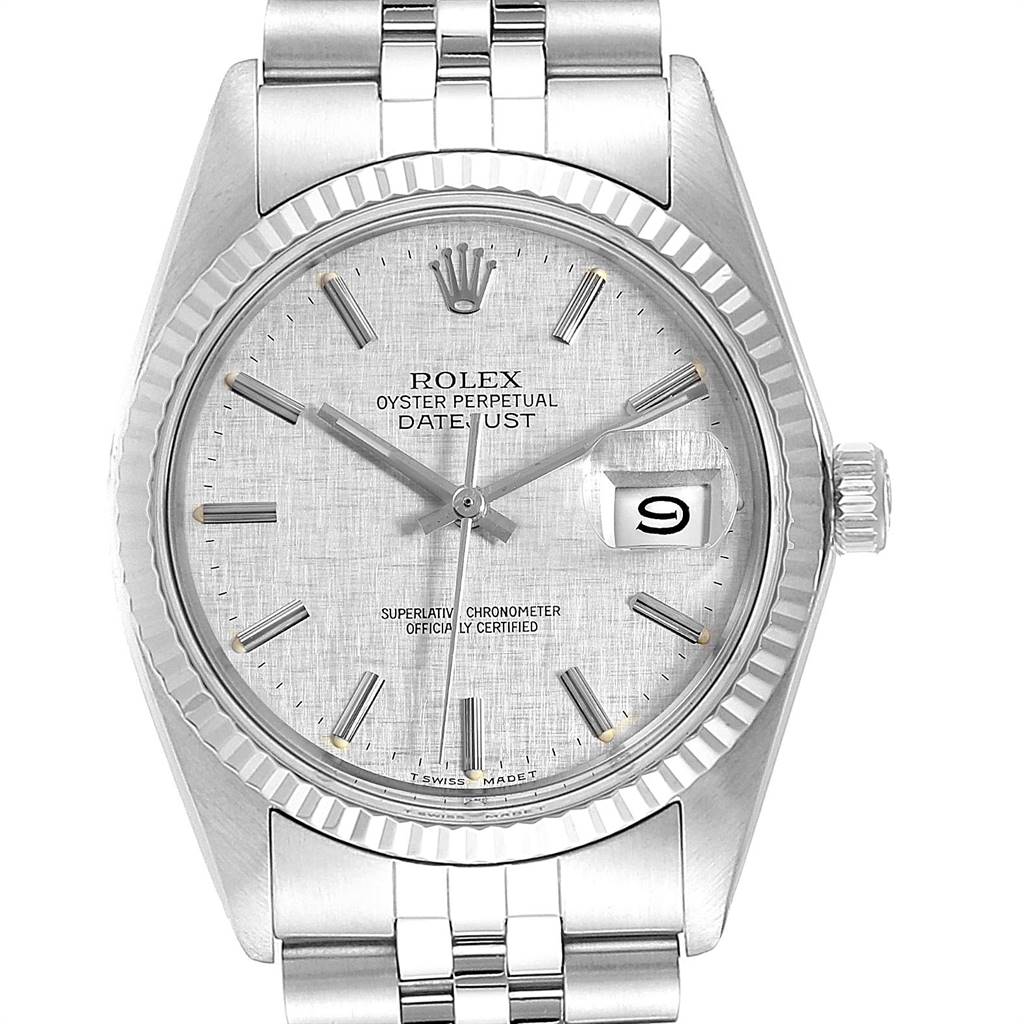 This image shows a front view of the Rolex Vintage Collection 16014 Men
s Stainless Steel Silver Dial 16014 Men
s Stainless Steel Silver Dial model watch, displaying the dial, hands, date window, and part of the bracelet.
