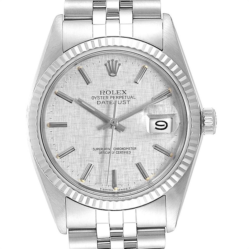 Rolex Datejust Steel White Gold Linen Dial Vintage Watch 16014 Box Papers SwissWatchExpo