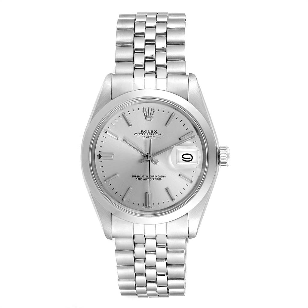 The image shows a front view of the Rolex Vintage Collection 1500 Men
s Stainless Steel Silver Dial 1500 Men
s Stainless Steel Silver Dial model watch, displaying the dial, case, crown, and metal bracelet.