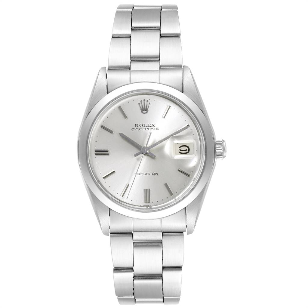 This image shows a front view of the Rolex Vintage Collection 6694 Men
s Stainless Steel Silver Dial 6694 Men
s Stainless Steel Silver Dial Oysterdate watch, displaying the dial, bracelet, and date window.