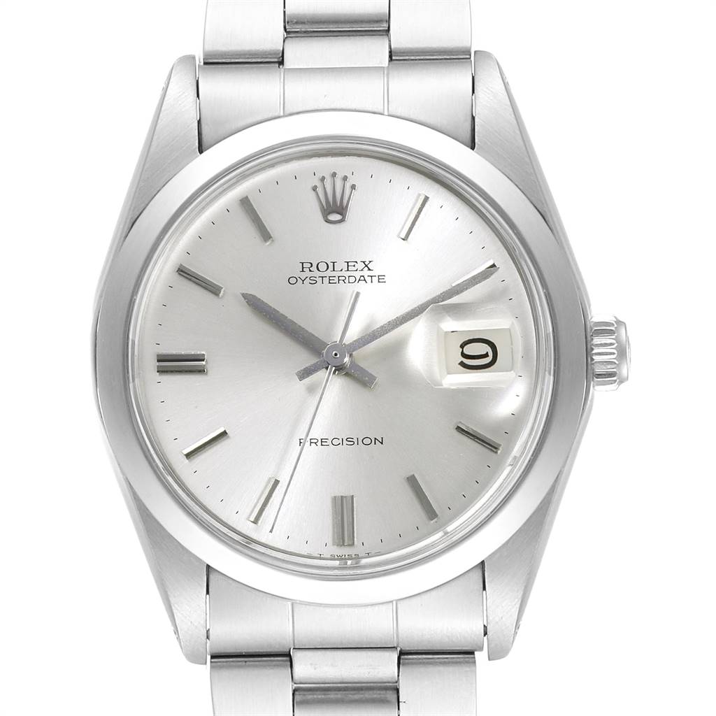 The image shows a frontal view of the Rolex Vintage Collection 6694 Men
s Stainless Steel Silver Dial 6694 Men
s Stainless Steel Silver Dial model, highlighting the dial, date window, hands, and part of the bracelet.