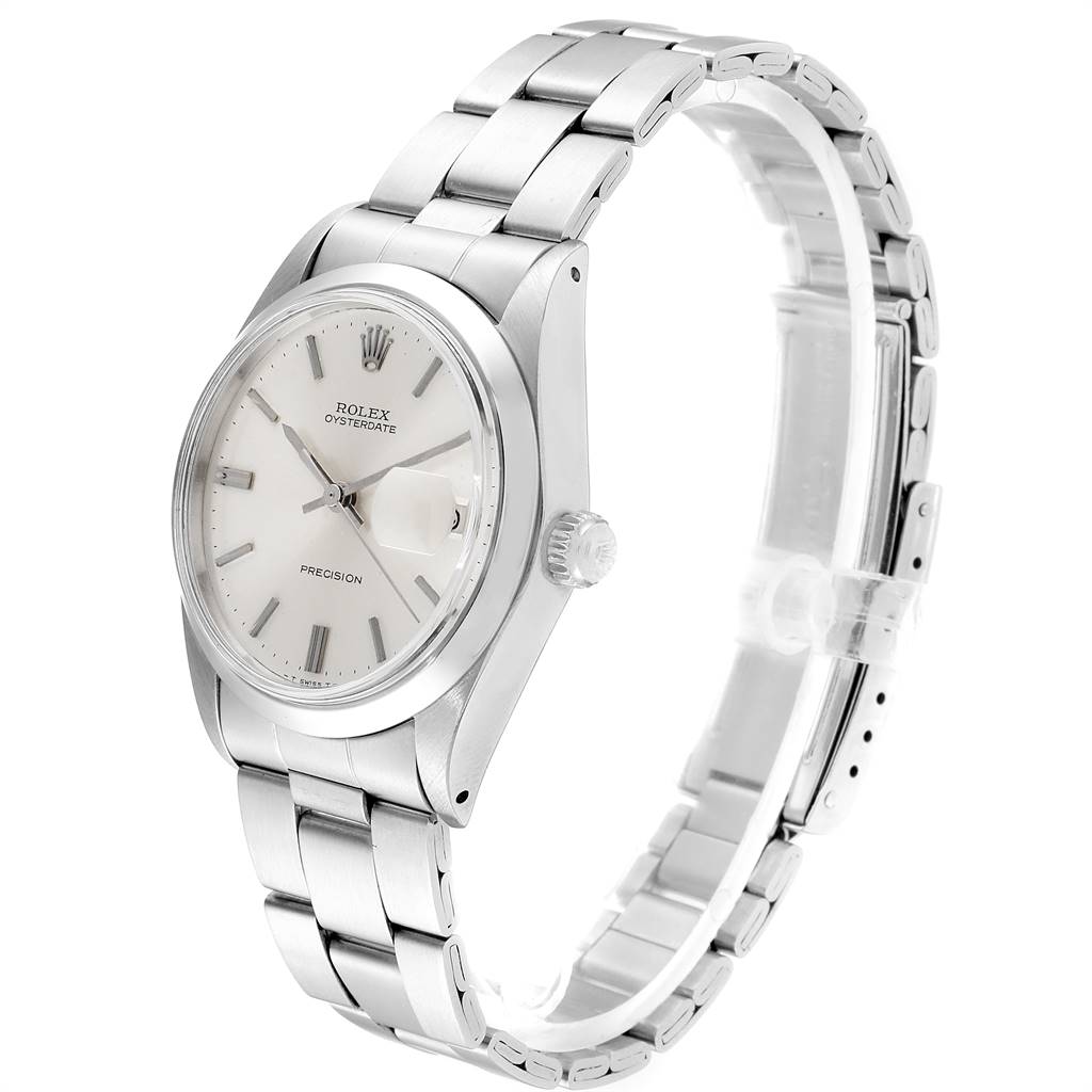 This image shows a side-angle view of a Rolex Vintage Collection 6694 Men
s Stainless Steel Silver Dial 6694 Men
s Stainless Steel Silver Dial watch, displaying the dial, crown, and metal bracelet.