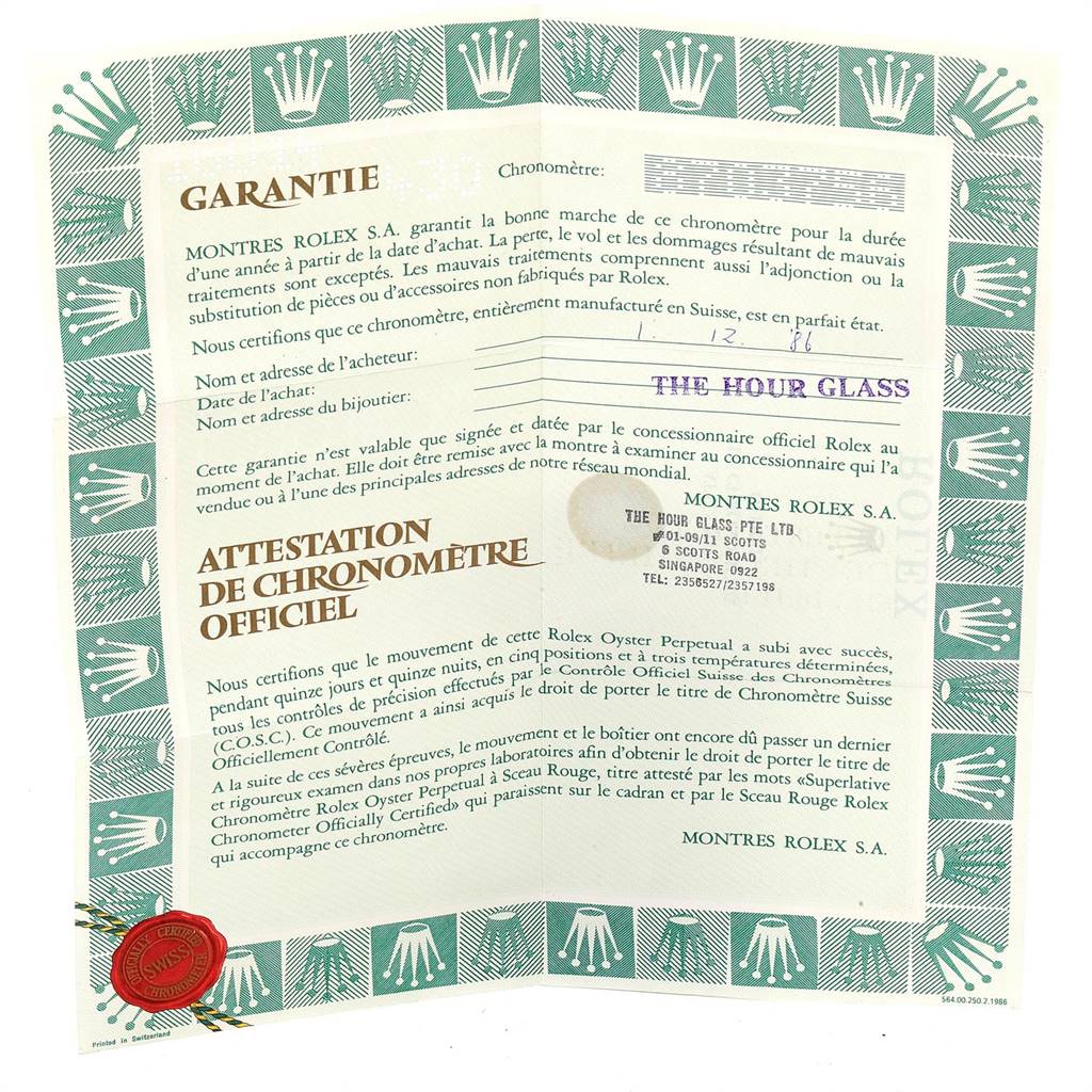 The image shows a warranty and official chronometer certificate for the Rolex Vintage Collection 16014 Men
s Stainless Steel Silver Dial 16014 Men
s Stainless Steel Silver Dial model.