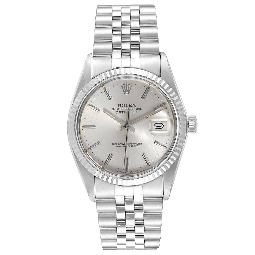This image shows a frontal view of the Rolex Vintage Collection 16014 Men
s Stainless Steel Silver Dial 16014 Men
s Stainless Steel Silver Dial Datejust watch, highlighting its face, bezel, crown, and bracelet.