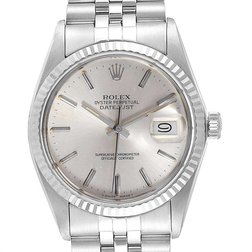 The image shows a frontal view of the Rolex Datejust Vintage Collection watch, highlighting its dial, bezel, and bracelet.