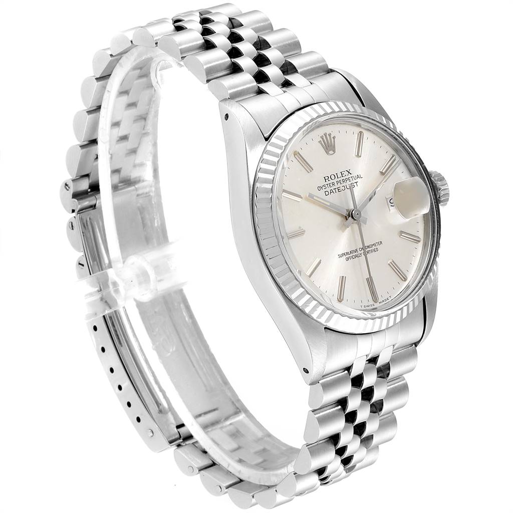 The image shows an angled side view of a Rolex Vintage Collection 16014 Men
s Stainless Steel Silver Dial 16014 Men
s Stainless Steel Silver Dial model watch, highlighting the face, bezel, and bracelet.