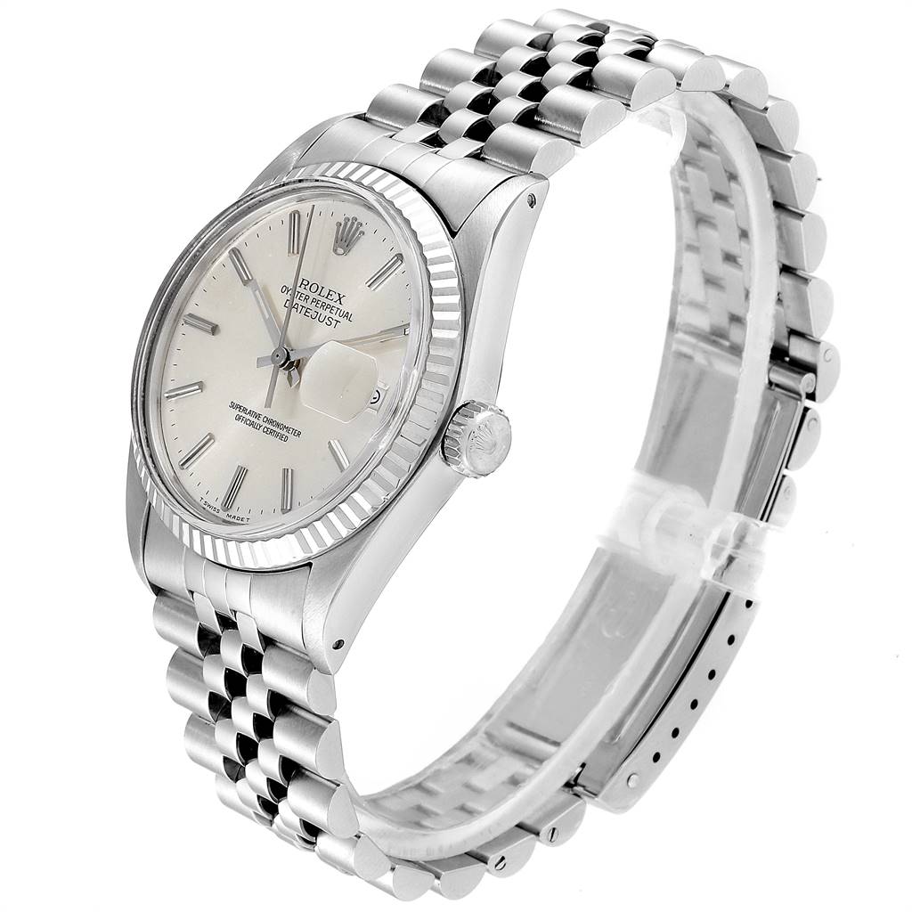 The image shows the Rolex Vintage Collection 16014 Men
s Stainless Steel Silver Dial 16014 Men
s Stainless Steel Silver Dial model from an angled side view, highlighting the face, crown, bezel, and bracelet.