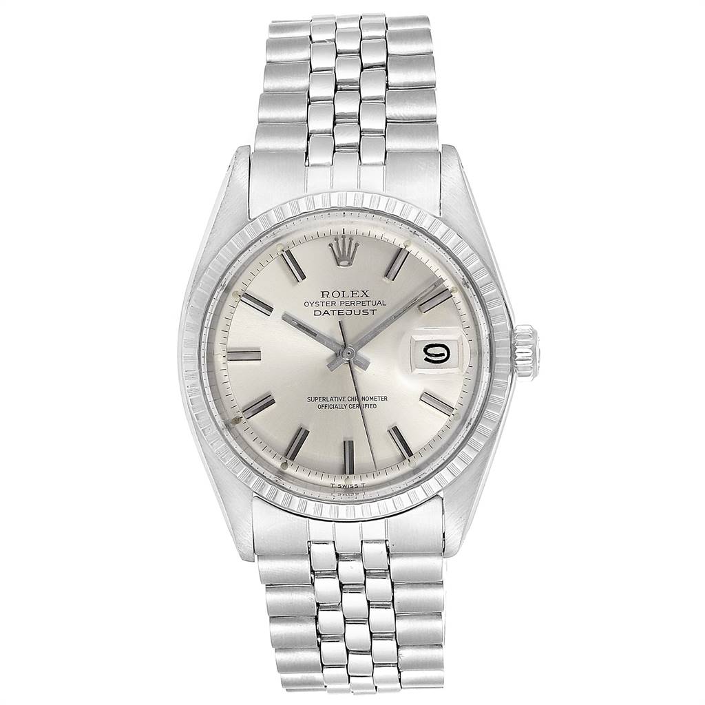 The image shows a front view of the Rolex Vintage Collection 1603 Men
s Stainless Steel Silver Dial 1603 Men
s Stainless Steel Silver Dial Oyster Perpetual Datejust watch, highlighting the dial, bezel, and bracelet.
