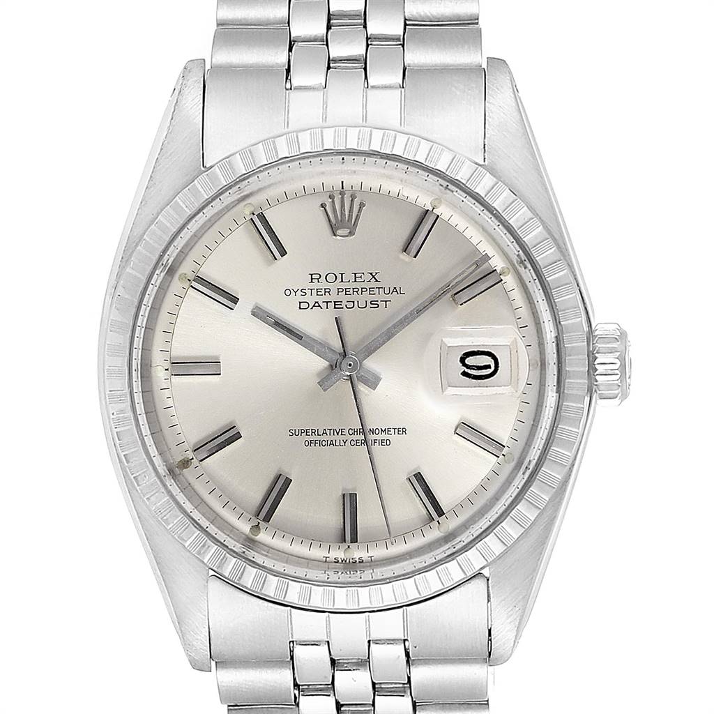 This image shows the front view of a Rolex Vintage Collection 1603 Men
s Stainless Steel Silver Dial 1603 Men
s Stainless Steel Silver Dial Datejust, highlighting its dial, case, and part of the bracelet.