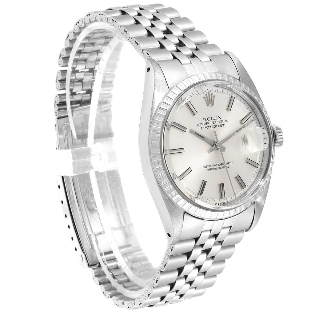 This is a side-angle view of a Rolex Vintage Collection 1603 Men
s Stainless Steel Silver Dial 1603 Men
s Stainless Steel Silver Dial model, showing the face, bezel, crown, and bracelet.