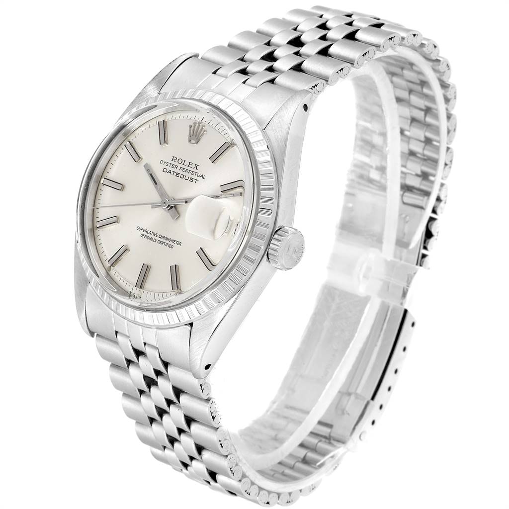 The image shows a Rolex Vintage Collection 1603 Men
s Stainless Steel Silver Dial 1603 Men
s Stainless Steel Silver Dial Datejust watch at a three-quarter angle, displaying the dial, bezel, and partial bracelet.