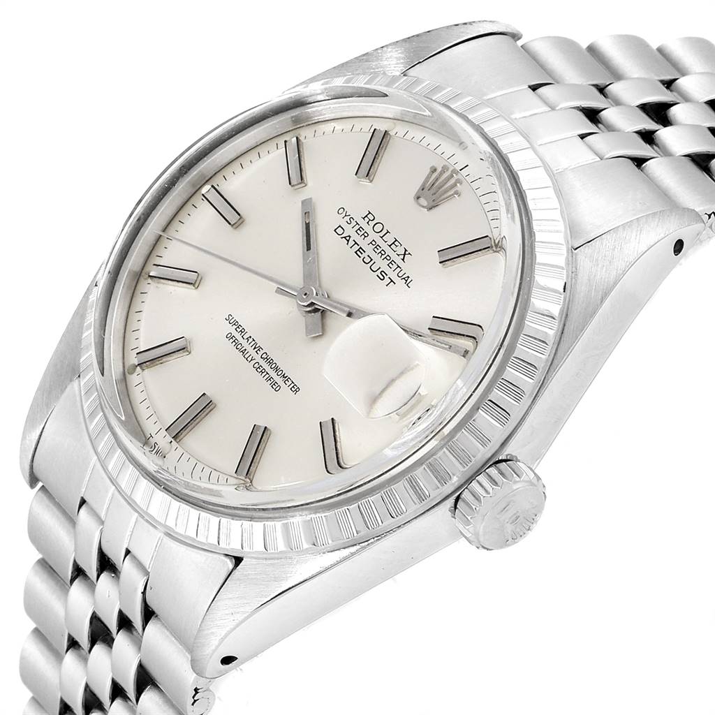 The Vintage Collection Rolex Datejust watch is shown from an angled side view, highlighting its face, bezel, and bracelet.