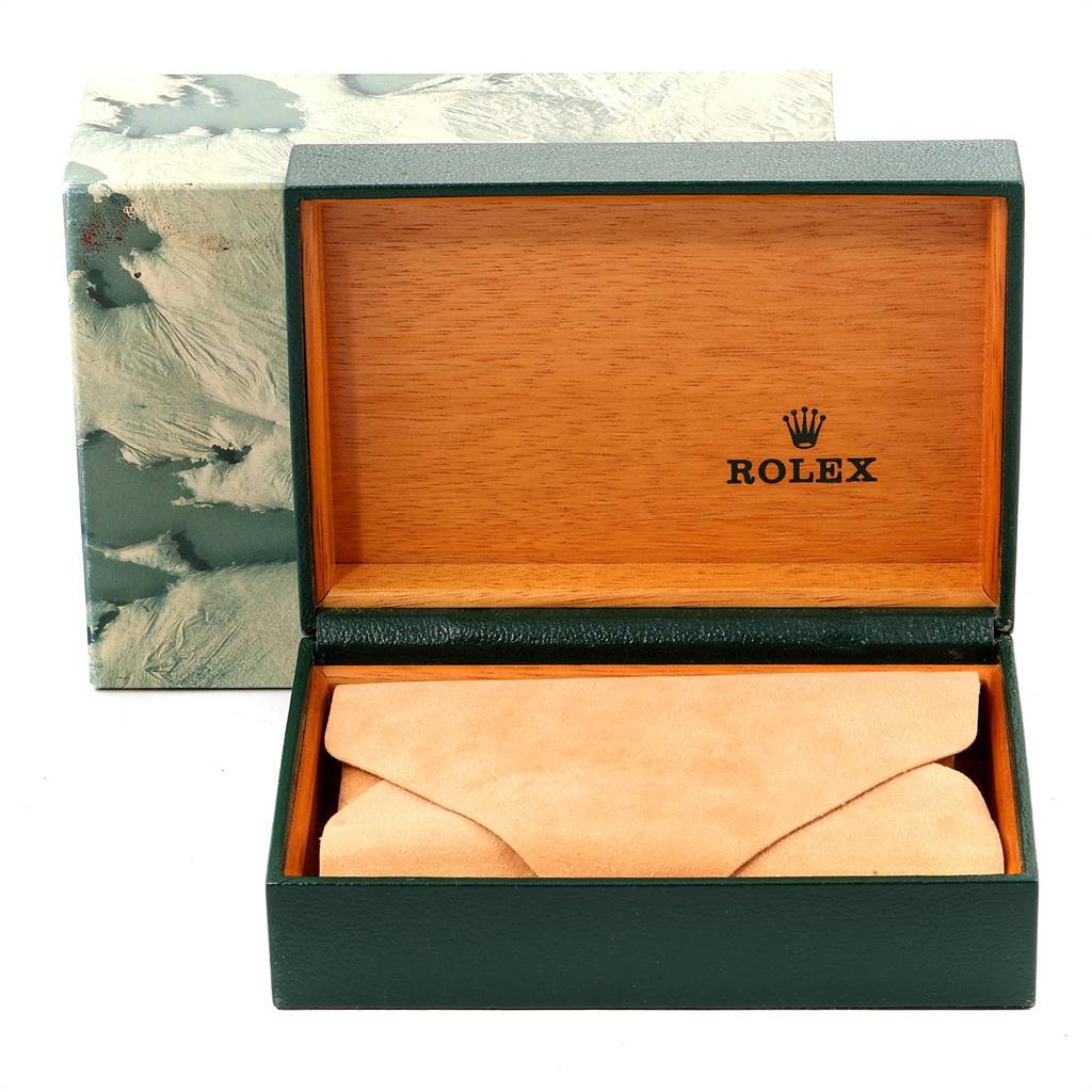 The image shows an open Rolex Vintage Collection 16013 Men's Stainless Steel Brown Dial 16013 Men's Stainless Steel Brown Dial watch box with a leather interior and branded wooden lid.