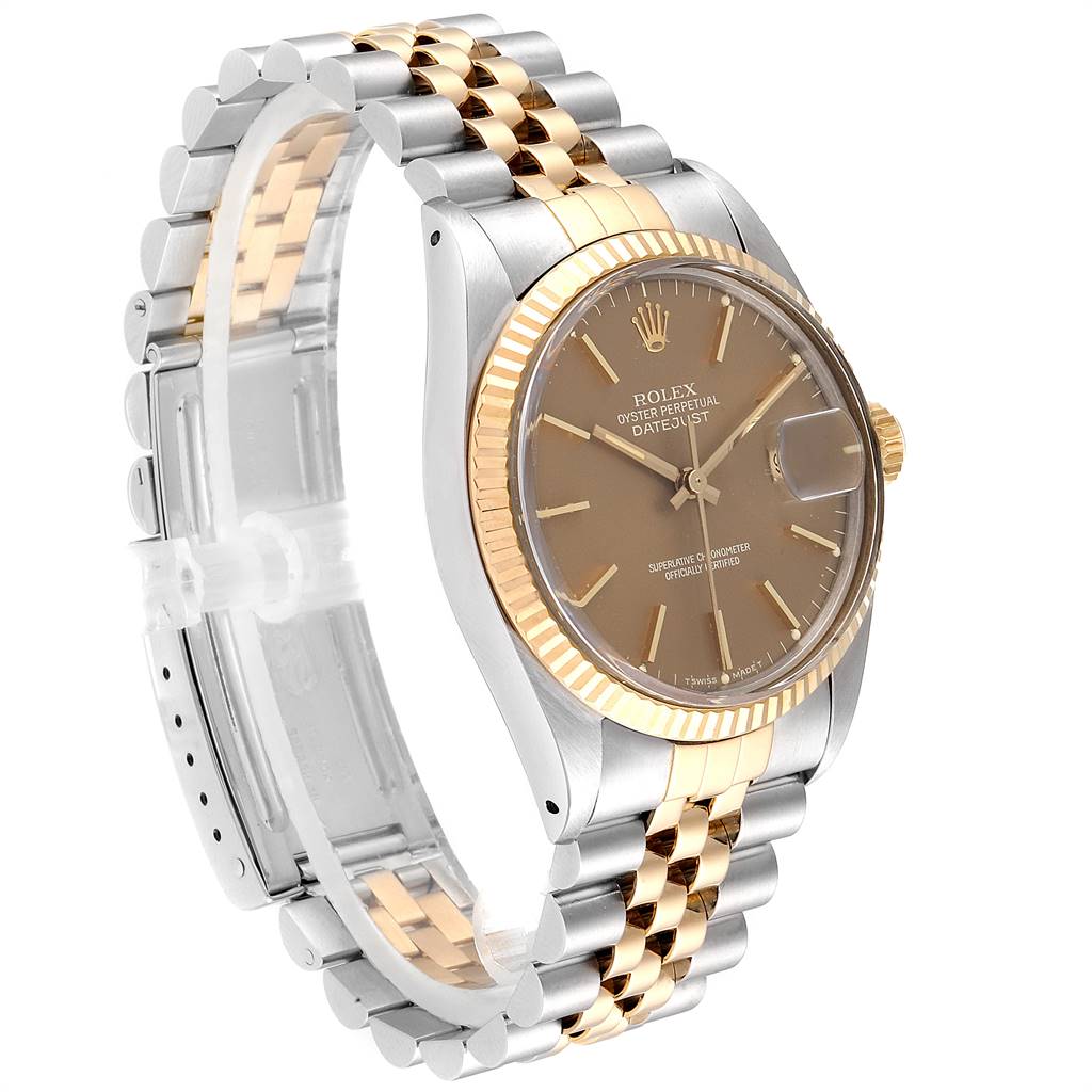 The Rolex Vintage Collection 16013 Men's Stainless Steel Brown Dial 16013 Men's Stainless Steel Brown Dial watch is shown at a side angle, highlighting the dial, bezel, and part of the band.