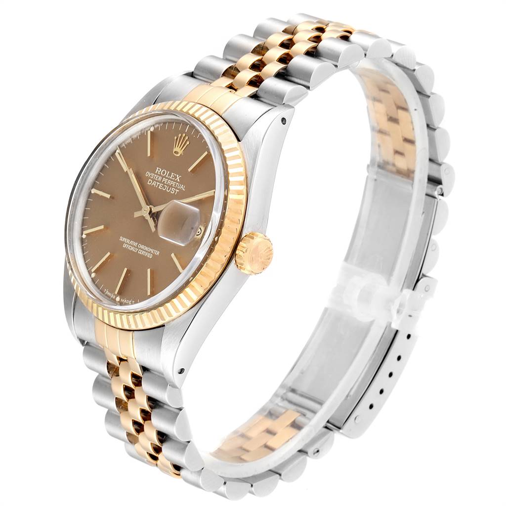 The Rolex Vintage Collection 16013 Men's Stainless Steel Brown Dial 16013 Men's Stainless Steel Brown Dial watch is shown at an angled side view, showcasing its dial, bezel, crown, and two-tone bracelet.