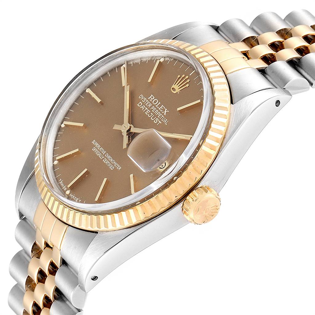 The image shows a Rolex Vintage Collection 16013 Men's Stainless Steel Brown Dial 16013 Men's Stainless Steel Brown Dial Datejust model at a slight angle, highlighting the dial, bezel, crown, and part of the bracelet.