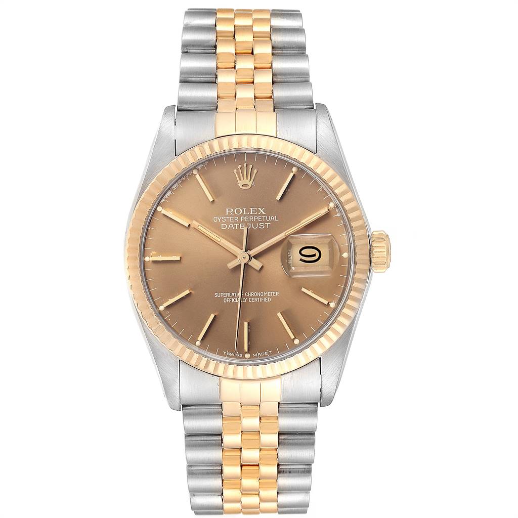 The image shows a front view of a Rolex Vintage Collection 16013 Men's Stainless Steel Brown Dial 16013 Men's Stainless Steel Brown Dial Datejust model, featuring a bi-metal bracelet and date display.