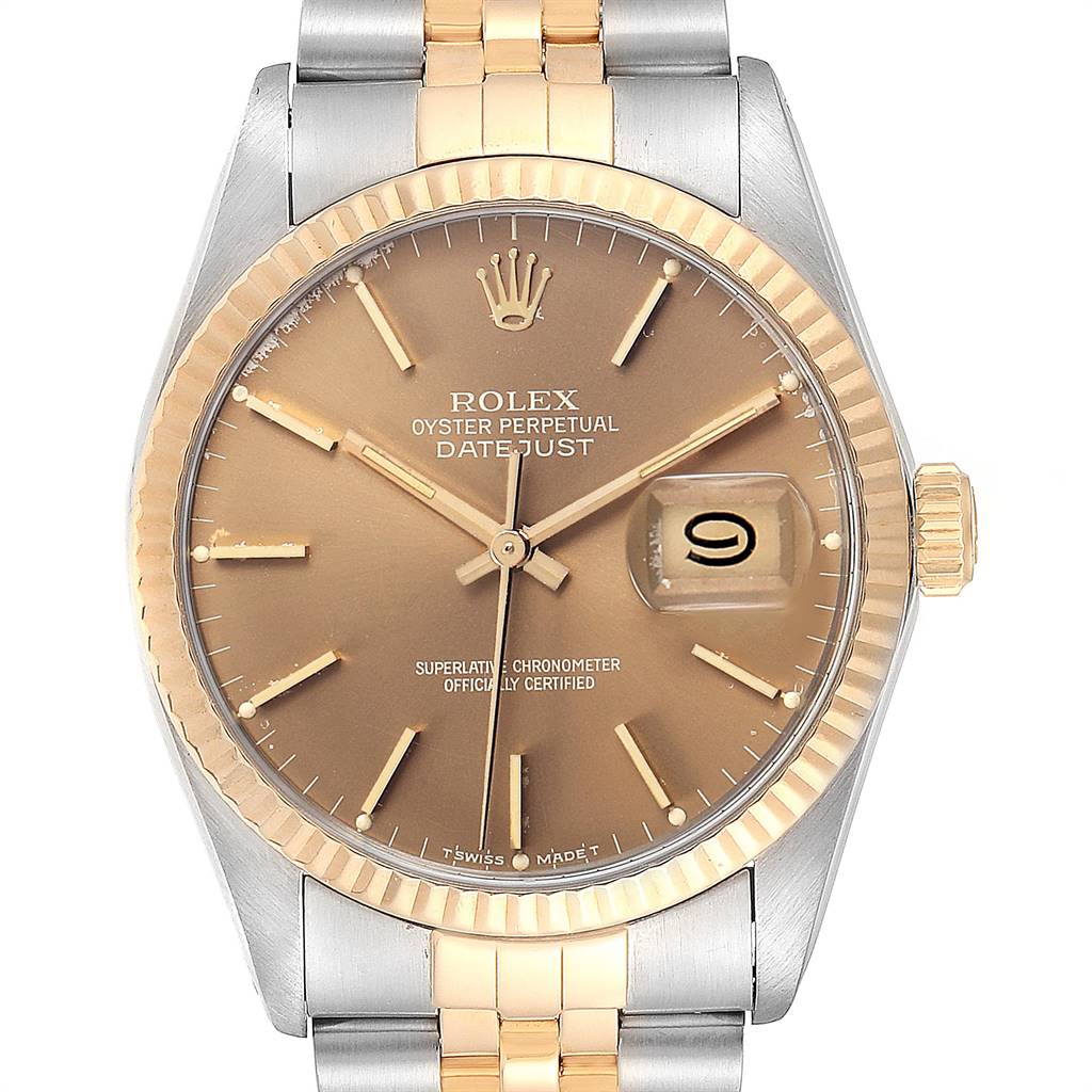 This image shows a front view of a Rolex Datejust from the Vintage Collection, highlighting the dial, hands, and band.