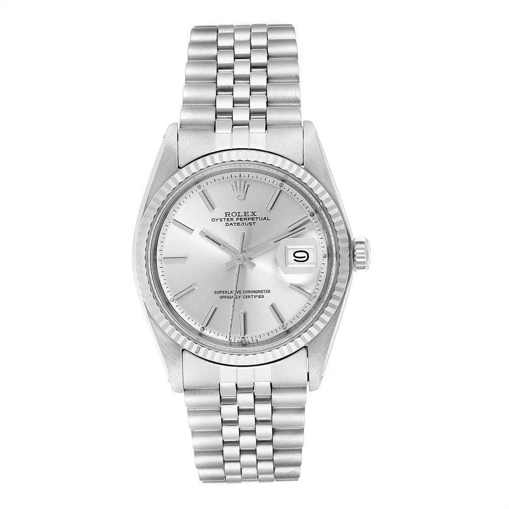 The image shows a front view of the Rolex Vintage Collection 1601 Men
s Stainless Steel Silver Dial 1601 Men
s Stainless Steel Silver Dial Oyster Perpetual Datejust watch.