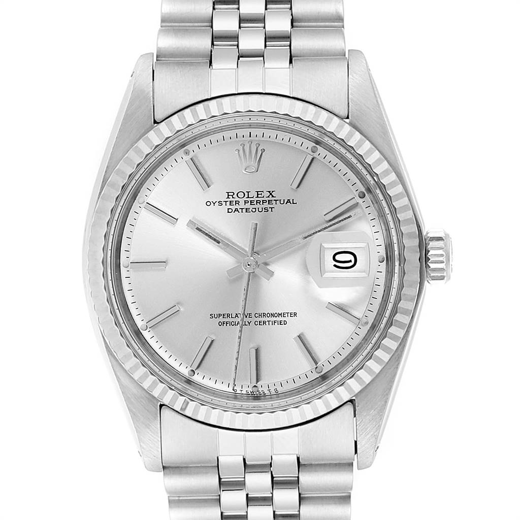 The image shows a Rolex Vintage Collection 1601 Men
s Stainless Steel Silver Dial 1601 Men
s Stainless Steel Silver Dial Datejust watch viewed from the front, showcasing its dial, bracelet, and date window.