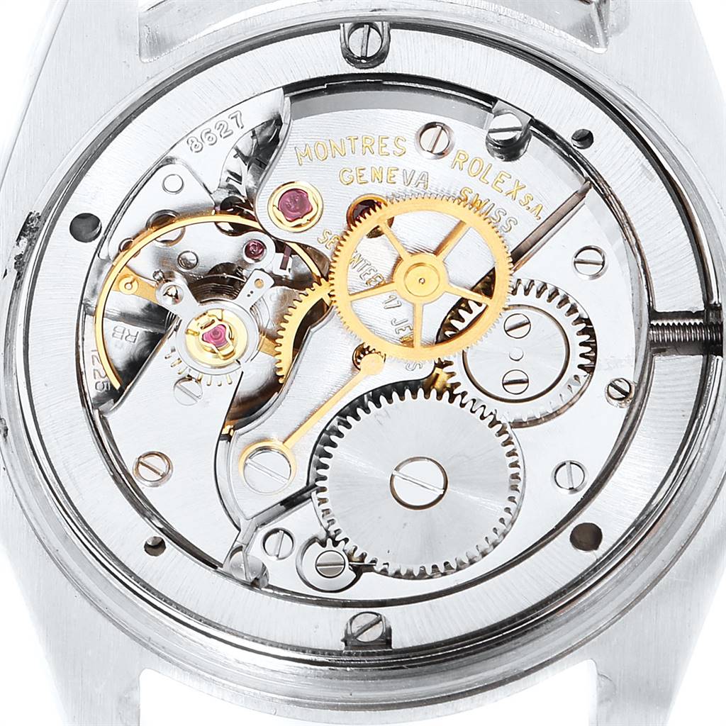 The image shows the internal mechanical components of the Vintage Collection model by Rolex from a rear angle.