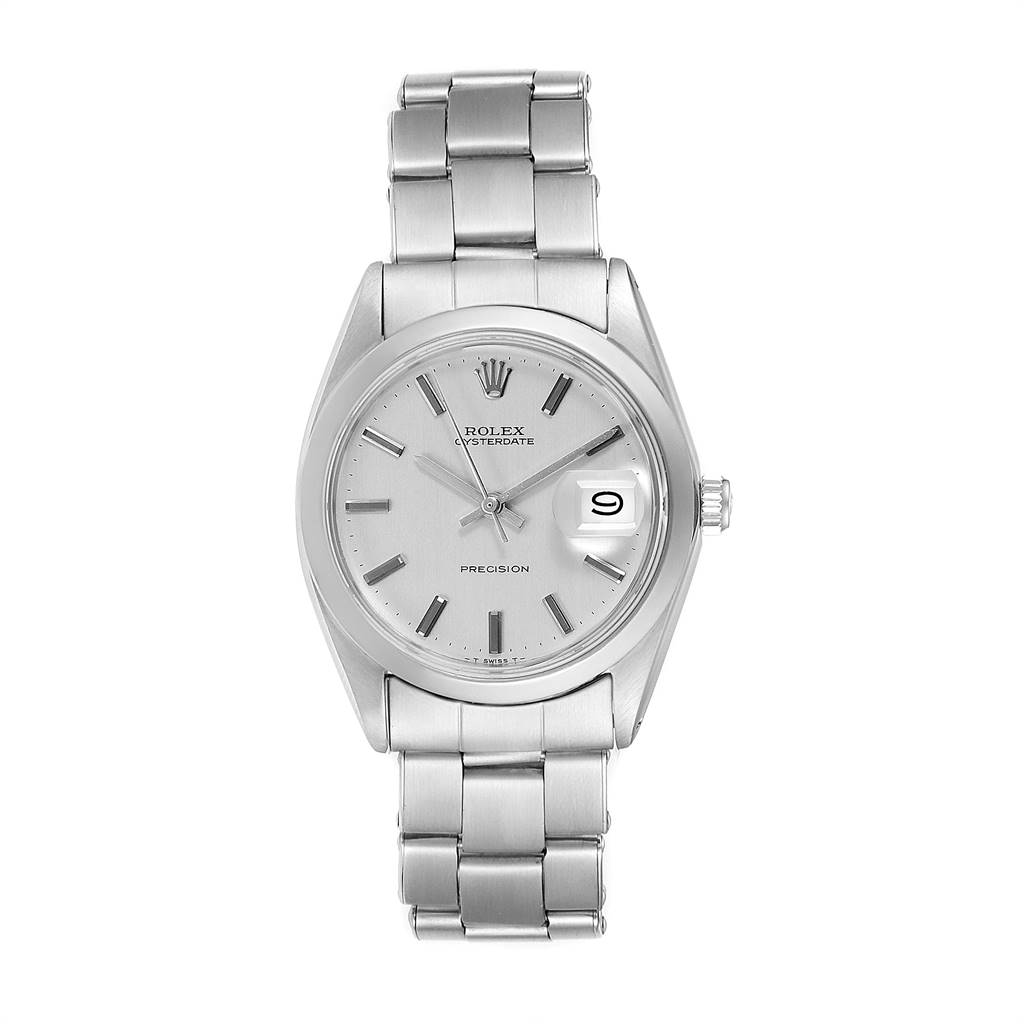 This image shows a front view of the Rolex Vintage Collection 6694 Men
s Stainless Steel Silver Dial 6694 Men
s Stainless Steel Silver Dial Oysterdate watch, displaying its dial, bracelet, and crown.