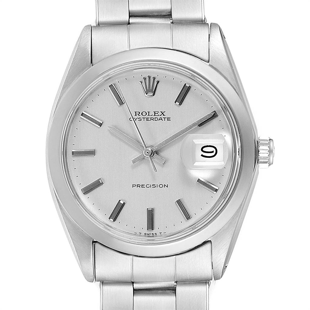 The image shows a front view of the Rolex Vintage Collection 6694 Men
s Stainless Steel Silver Dial 6694 Men
s Stainless Steel Silver Dial watch, highlighting the dial, date window, and bracelet.