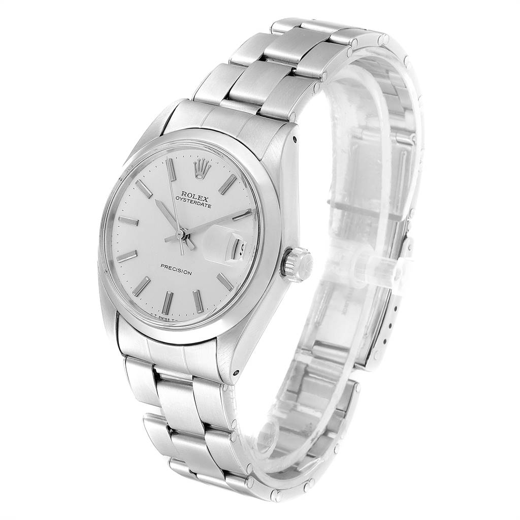 The image shows a Vintage Collection Rolex Oysterdate Precision watch from a left-front angle, highlighting the dial and bracelet.