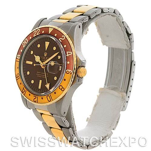 The image shows a Rolex Vintage Collection 1675 Men's Stainless Steel Brown Dial 1675 Men's Stainless Steel Brown Dial watch at a three-quarter angle, highlighting its face, bezel, crown, and two-tone bracelet.
