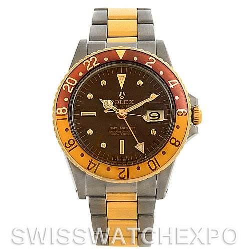 The image shows a frontal view of a Vintage Collection Rolex watch with a brown dial, two-tone bezel, and two-tone bracelet.