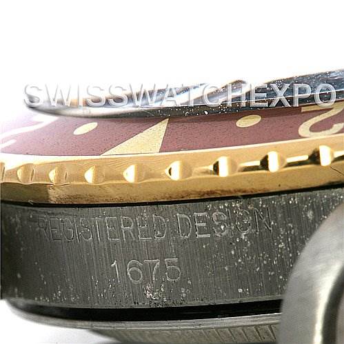 The image focuses on the side view of a Rolex Vintage Collection 1675 Men's Stainless Steel Brown Dial 1675 Men's Stainless Steel Brown Dial model, highlighting the bezel and part of the engraved case.