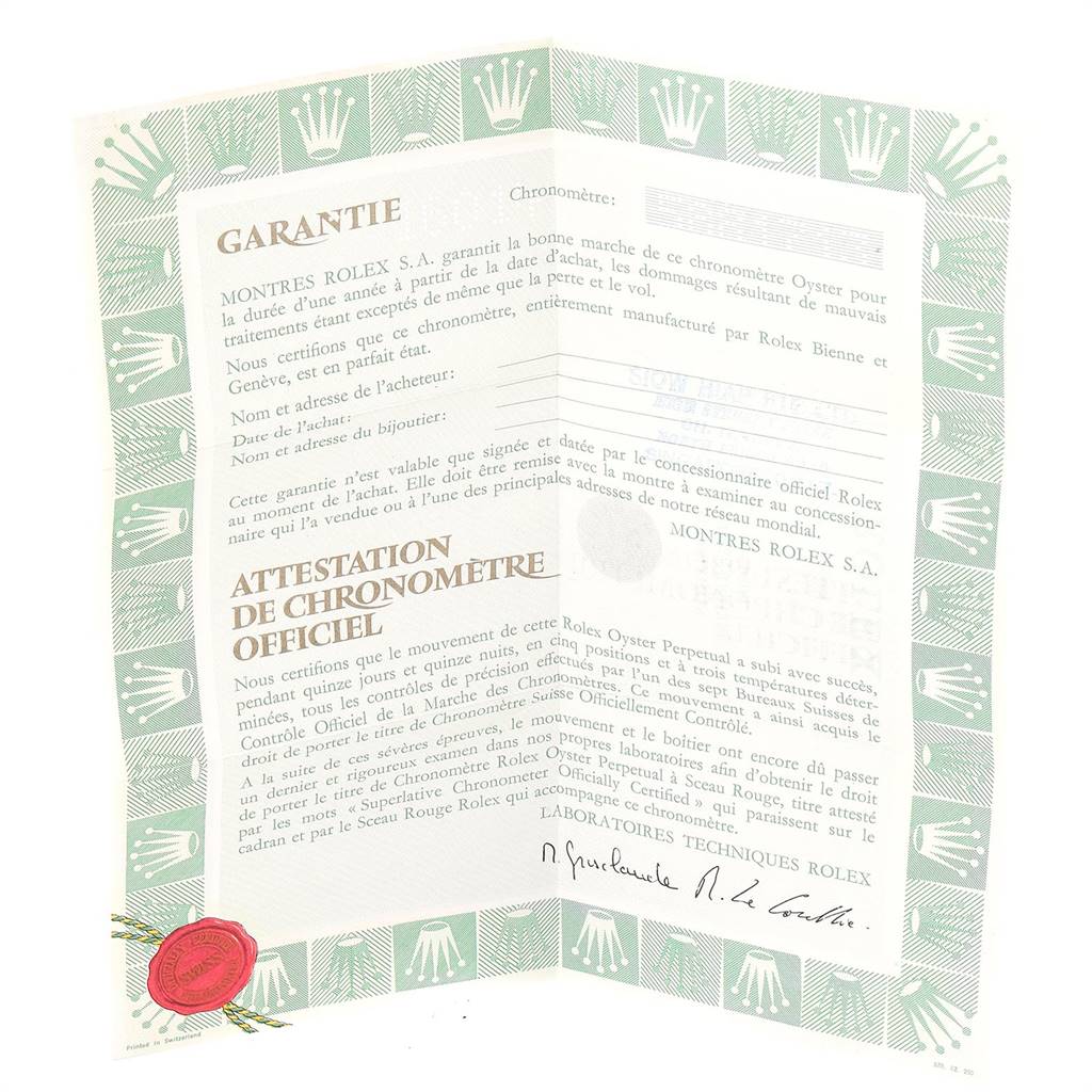 The image shows the warranty and chronometer certification for a Vintage Collection model by Rolex.