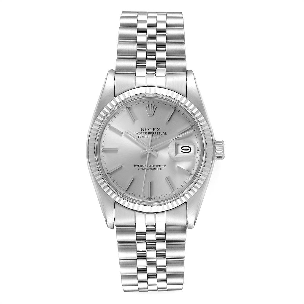 The image shows a front view of the Rolex Vintage Collection 16014 Men
s Stainless Steel Silver Dial 16014 Men
s Stainless Steel Silver Dial model watch, featuring the dial, bezel, and bracelet.