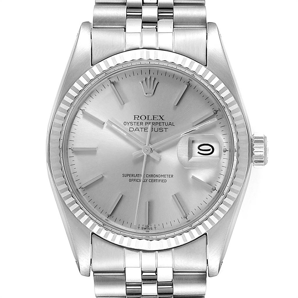 The image shows a front view of the Rolex Oyster Perpetual Datejust, Vintage Collection model, showcasing the dial, hands, and part of the bracelet.